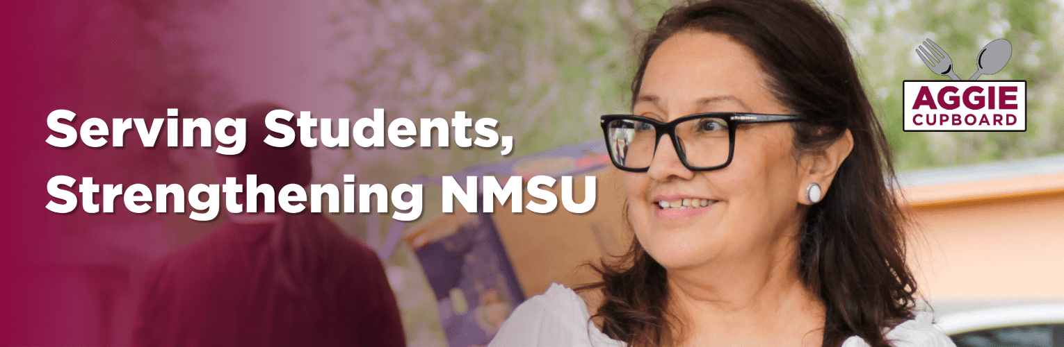 Logo for Aggie Cupboard alongside a smiling woman, promoting support for students at NMSU.
