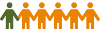 Graphic illustration depicting diversity with one green figure adjacent to five orange figures holding hands.